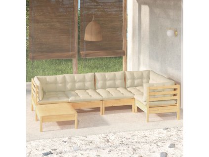 6-dielna záhradná súprava s krémovými vankúšmi borovicový masív 3096538