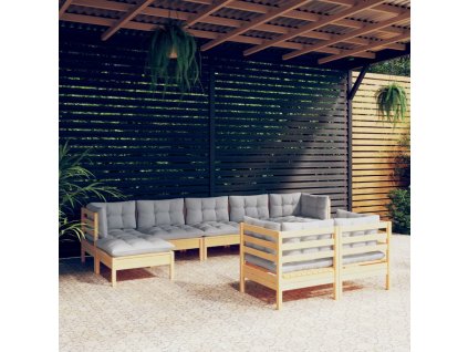 9-dielna záhradná súprava so sivými vankúšmi borovicový masív 3097126