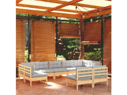 9-dielna záhradná súprava so sivými vankúšmi borovicový masív 3097198