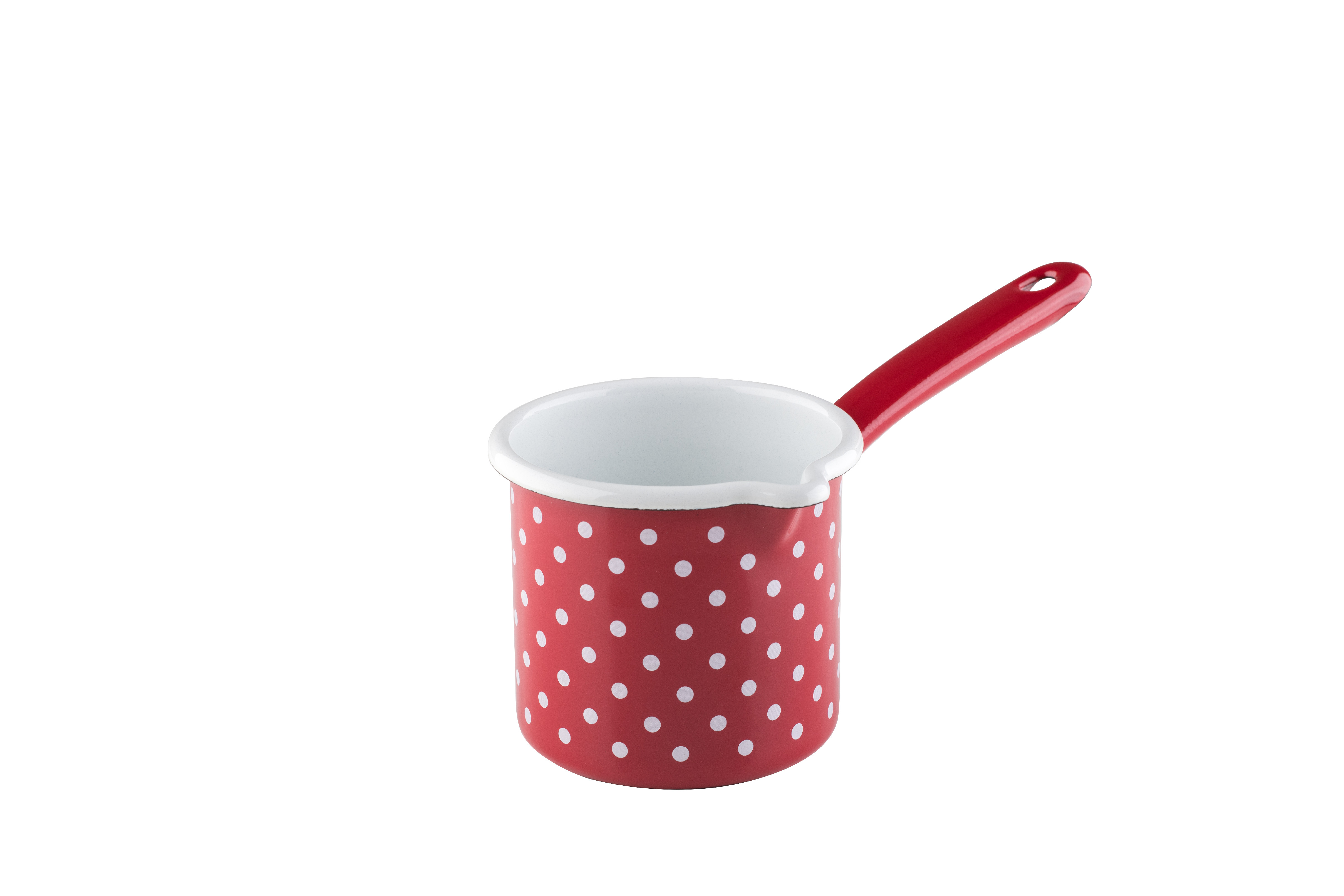 Kastrůlek Riess Polka Dot Red s rukojetí a nálevkou ø 10 cm 750 ml