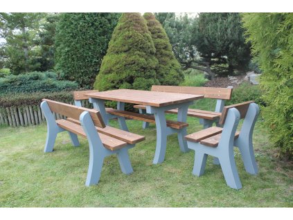 Výhodný set obsahujúci betónový stôl + 2x betónová lavička Pekárek + 2x betónová stolička (Farba dosiek Základná farba Orech Antik, Dĺžka dosiek Štandardná dĺžka 180 cm, Ošetrenie betónových nôh S povrchovou úpravou (penetrácia, farba, lak))