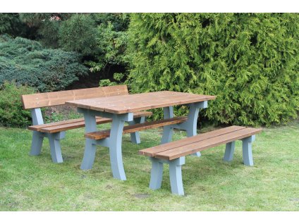 Výhodný set betonového stolu a 2 laviček s+bez opěradla Pekárek (Farba dosiek Základná farba Orech Antik, Dĺžka dosiek Štandardná dĺžka 150 cm, Ošetrenie betónových nôh S povrchovou úpravou (penetrácia, farba, lak))