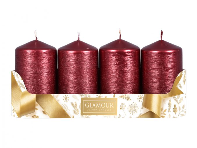 Svíčka adventní TAURUS škrábaná metalická d5x9cm 4ks - bordó