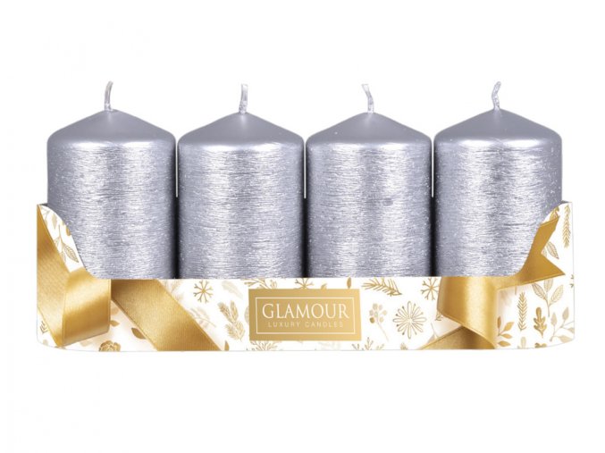 Svíčka adventní TAURUS škrábaná metalická d5x9cm 4ks - stříbrná