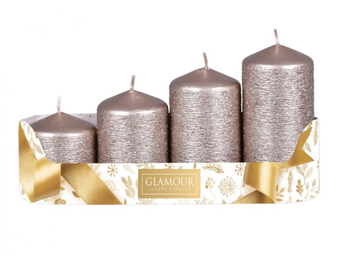 Svíčky adventní STUPŇOVITÉ glitrované d5x6/7,5/9/10,5cm 4ks - šampaň