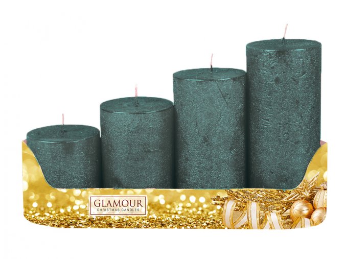 Svíčky adventní STUPŇOVITÉ rustik metal - zelená - d5x6/8/10/12cm 4ks