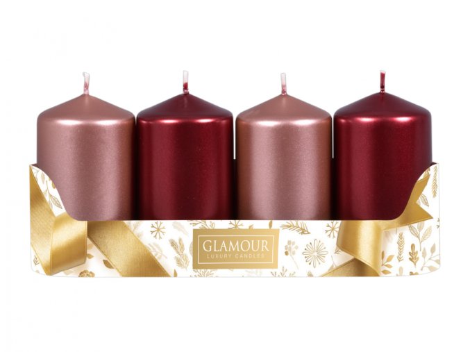 Svíčky adventní d5x9cm MIX metal lesk 2+2ks - růžovozlaté, bordó