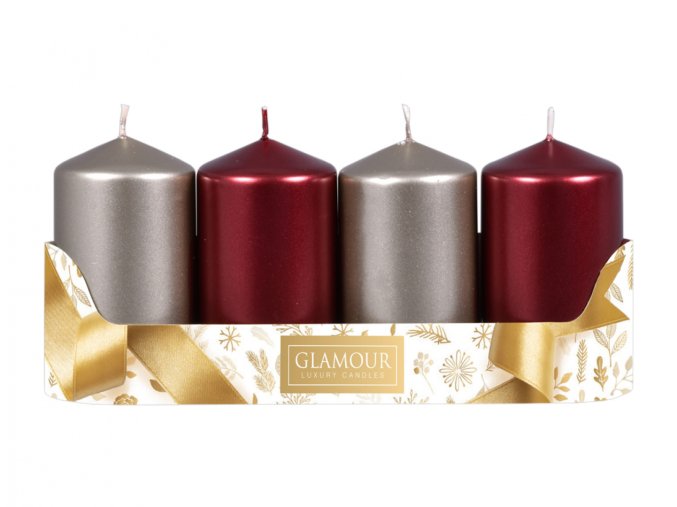 Svíčky adventní d5x9cm MIX metal lesk 2+2ks - bordó, šampaň