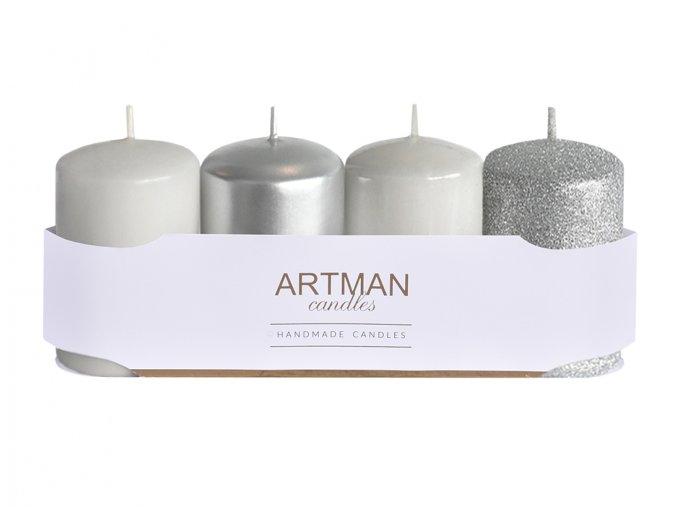 Svíčka adventní VÁLEC mix d6x10cm 4ks - odstíny bílé, šedé a sříbrné