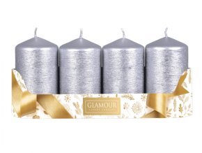 Svíčka adventní TAURUS škrábaná metalická d5x9cm 4ks - stříbrná