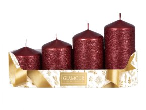 Svíčky adventní STUPŇOVITÉ glitrované d5x6/7,5/9/10,5cm 4ks - bordo