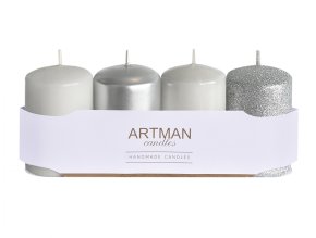 Svíčka adventní VÁLEC mix d6x10cm 4ks - odstíny bílé, šedé a sříbrné