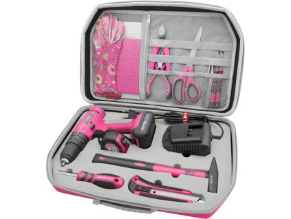 100152 vrtaci sroubovak aku s priklepem ruzovy 12v li ion 2000mah v kufru s naradim sada 27ks