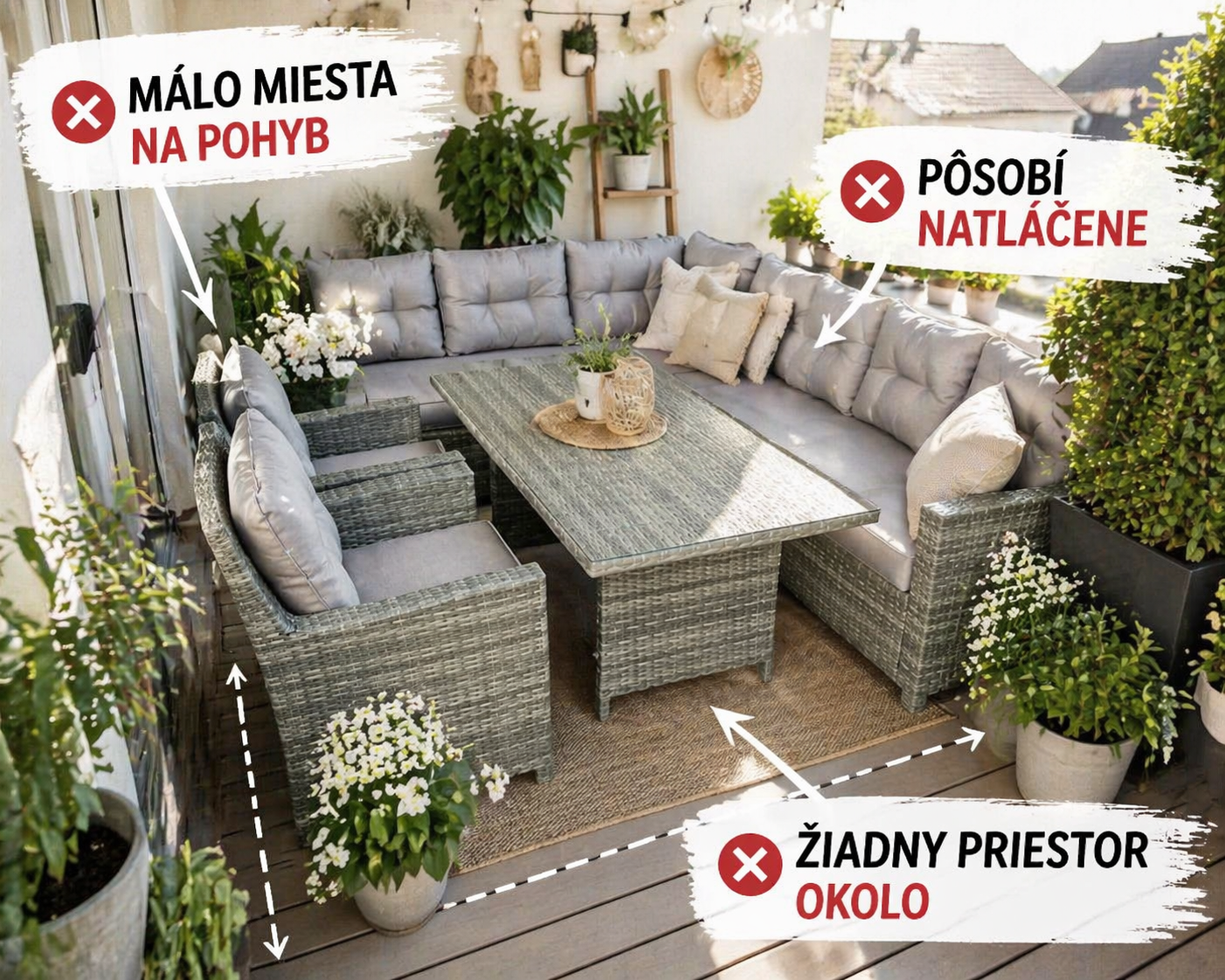 Príklad príliš veľkej zostavy na terase: málo miesta na pohyb a okolo sedenia