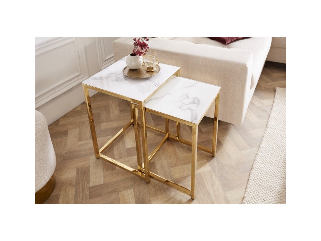Príručný stolík Elegance sada 2ks mramorový vzhľad biely, zlatý rám 235796
