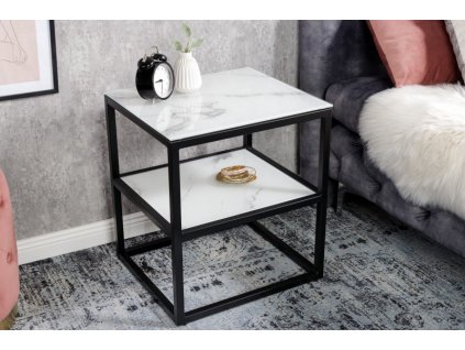 Príručný stolík Elegance 45cm mramorový vzhľad biely, čierny rám 235784