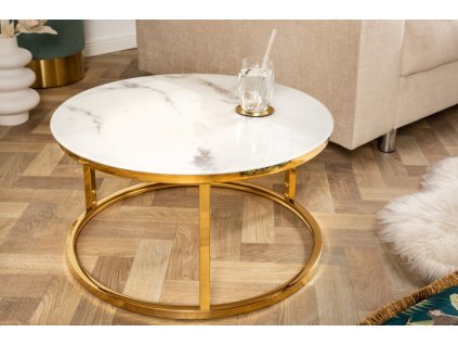 Konferenčný stolík Elegance 60cm mramorový vzhľad biely, zlatý rám 237688