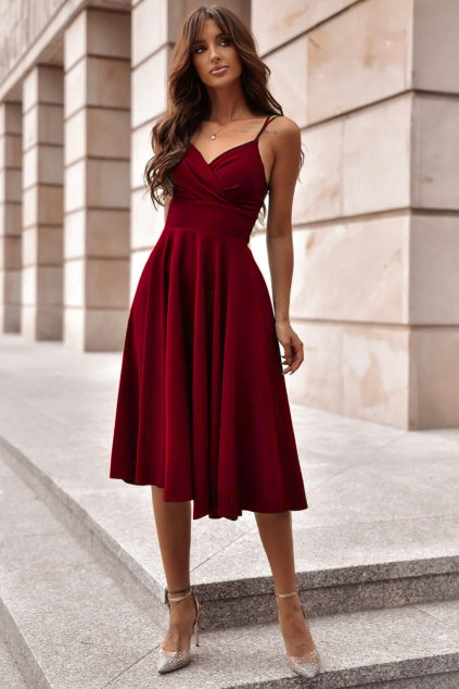 Bordové midi áčkové šaty na ramienka