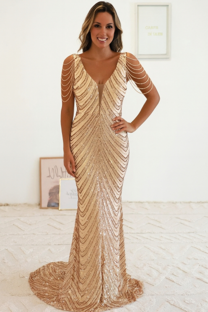 Zlaté dlhé flitrované plus size šaty
