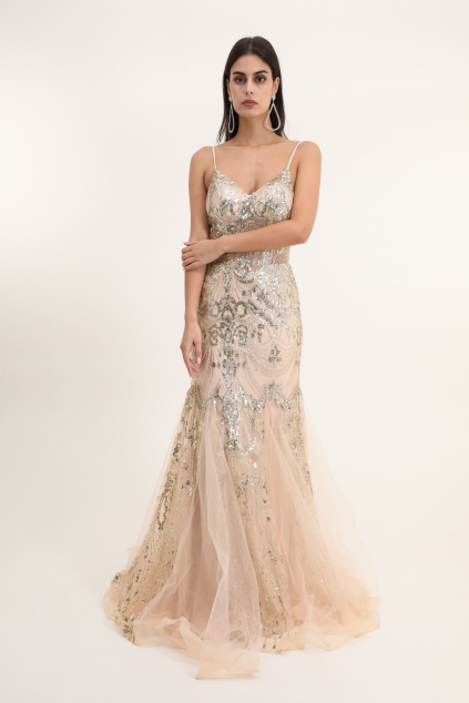 Zlaté dlhé flitrované šaty v strihu morská panna