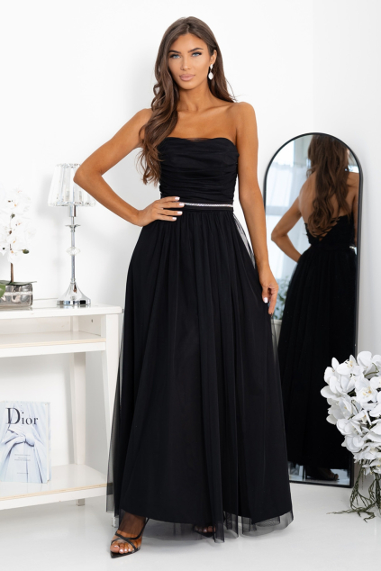 Čierne dlhé šaty s odnímateľnými ramienkami na viazanie