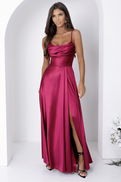 Dlhé bordové saténové spoločenské šaty s ramienkami, rozparkom a šnurovaním na chrbte