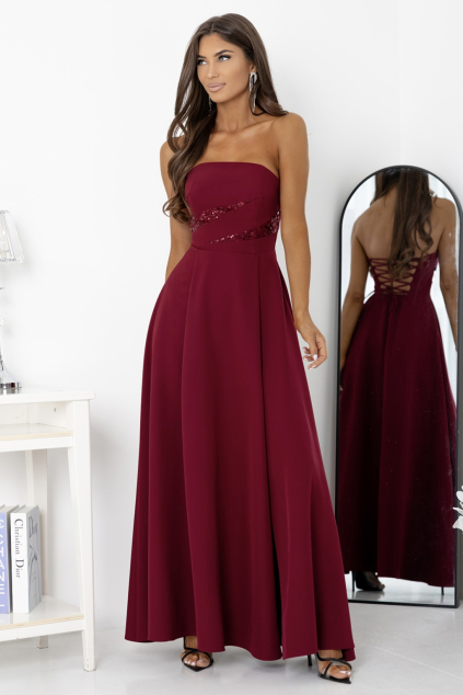 Bordové dlhé šaty s odnímateľnými ramienkami na viazanie
