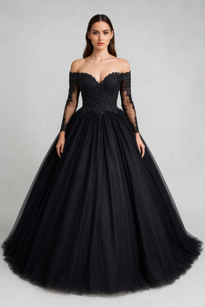 Čierne dlhé šaty na ples s dlhými rukávmi