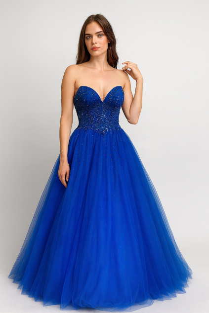 Kráľovsky modré dlhé šaty bez ramienok