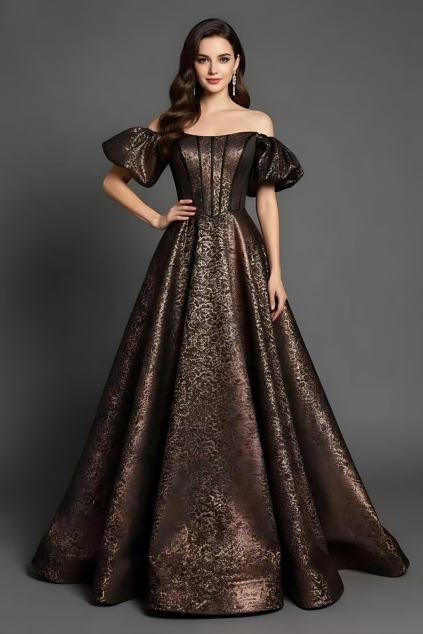 Luxusné hnedé plesové šaty s balónovými rukávmi