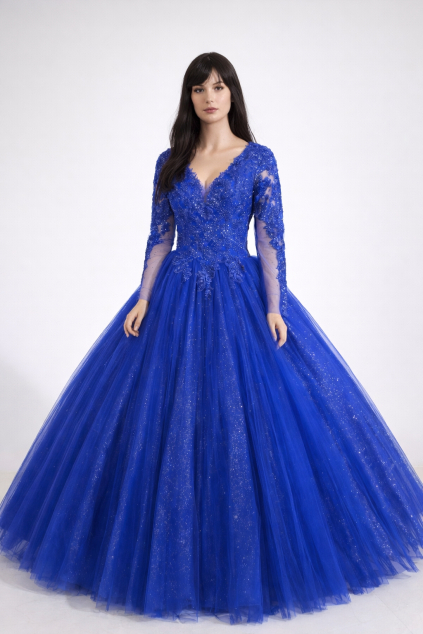 Kráľovsky modré plesové šaty s čipkou a dlhými rukávmi