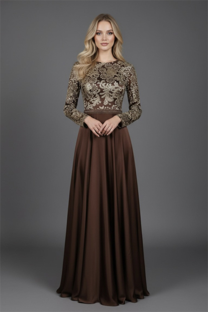 Hnedé spoločenské šaty so zlatou čipkou a dlhými rukávmi