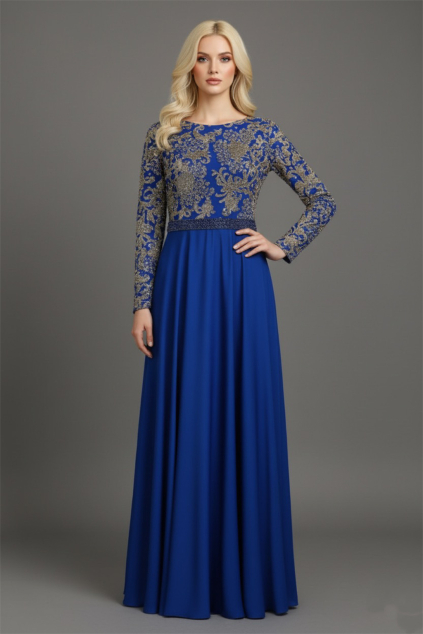 Kráľovsky modré spoločenské šaty so zlatou čipkou a dlhými rukávmi