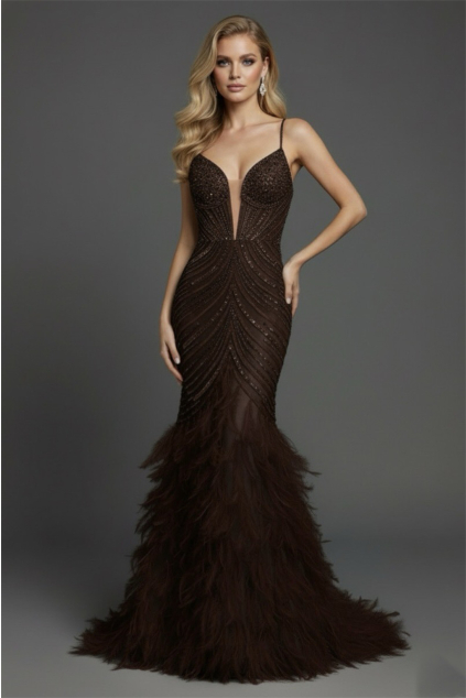 Hnedé dlhé šaty s pierkami v strihu morská panna