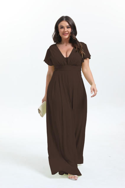 Hnedý dámsky plus size overál s rukávmi