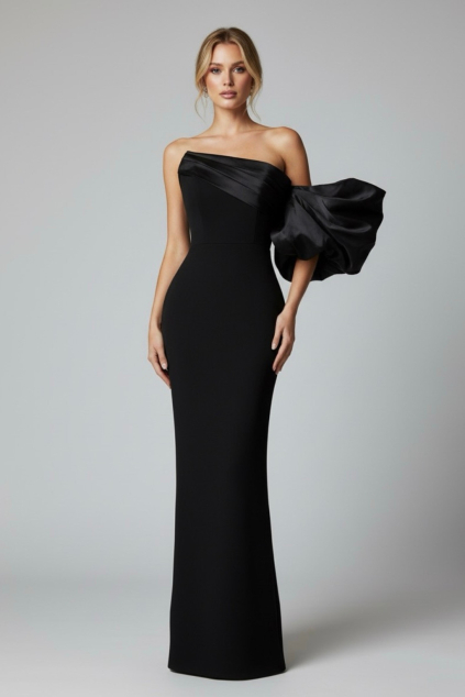 Čierne dlhé šaty na jedno rameno s balónovým rukávom