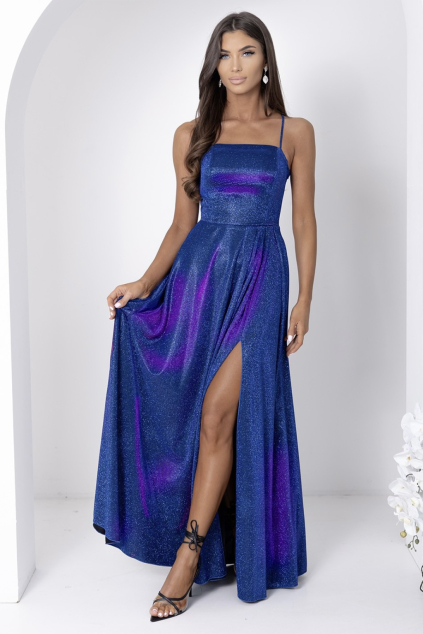 Trblietavé dlhé modré šaty Aurelia