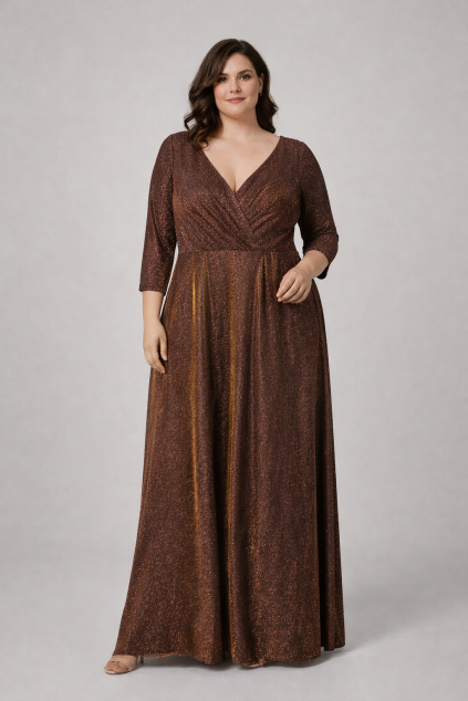 Trblietavé čokoládové spoločenské šaty pre moletky s rukávmi