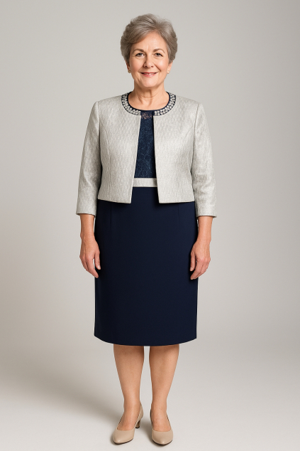 Strieborné midi šaty so sakom