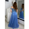 Modré tylové spoločenské šaty s flitrovaným vrchom