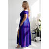 Trblietavé modro-fialové dlhé spoločenské šaty s rozparkom