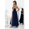 Tmavomodré dlhé šaty s odnímateľnými ramienkami na viazanie