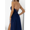 Tmavomodré dlhé šaty s odnímateľnými ramienkami na viazanie