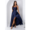 Dlhé tmavomodré saténové spoločenské šaty s ramienkami, rozparkom a šnurovaním na chrbte