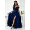 Trblietavé tmavomodré dlhé spoločenské šaty s rozparkom