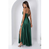 Dlhé tmavozelené saténové spoločenské šaty s ramienkami, rozparkom a šnurovaním na chrbte
