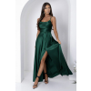 Dlhé tmavozelené saténové spoločenské šaty s ramienkami, rozparkom a šnurovaním na chrbte