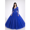 Kráľovsky modré plesové šaty s čipkou a dlhými rukávmi