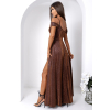 Trblietavé hnedé dlhé spoločenské šaty s rozparkom (Veľkosť 50)