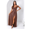 Trblietavé hnedé dlhé spoločenské šaty s rozparkom (Veľkosť 50)
